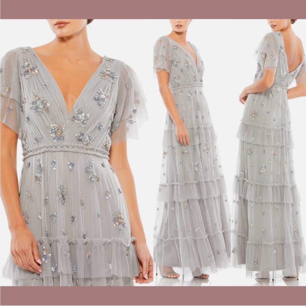 NWT $598 Mac Duggal [ 6 ] Ruffle Tiered Embellished‎ Flutter Sleeve Gown Grey
